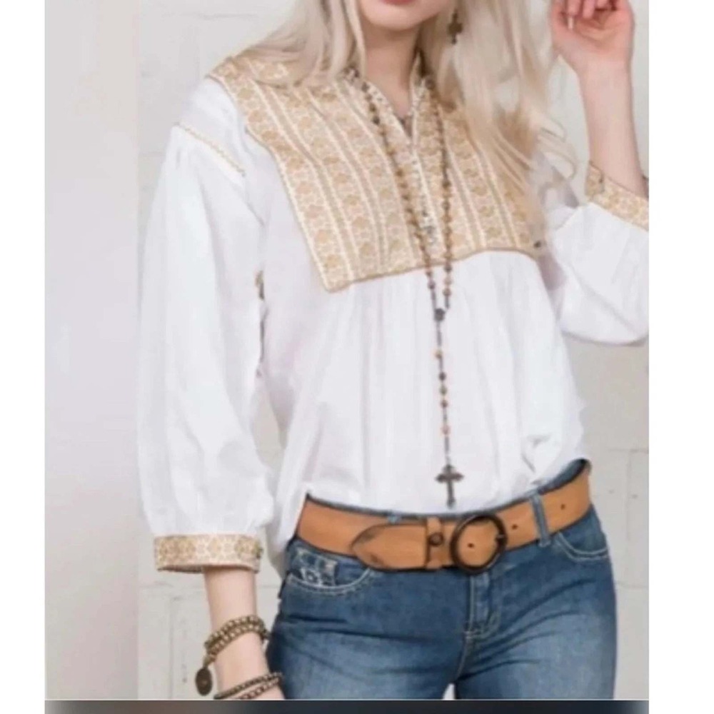 Sister Mary Blouse Womens XS White Gold 3/4 Sleeve  Peasant Boho Minimalist Top
